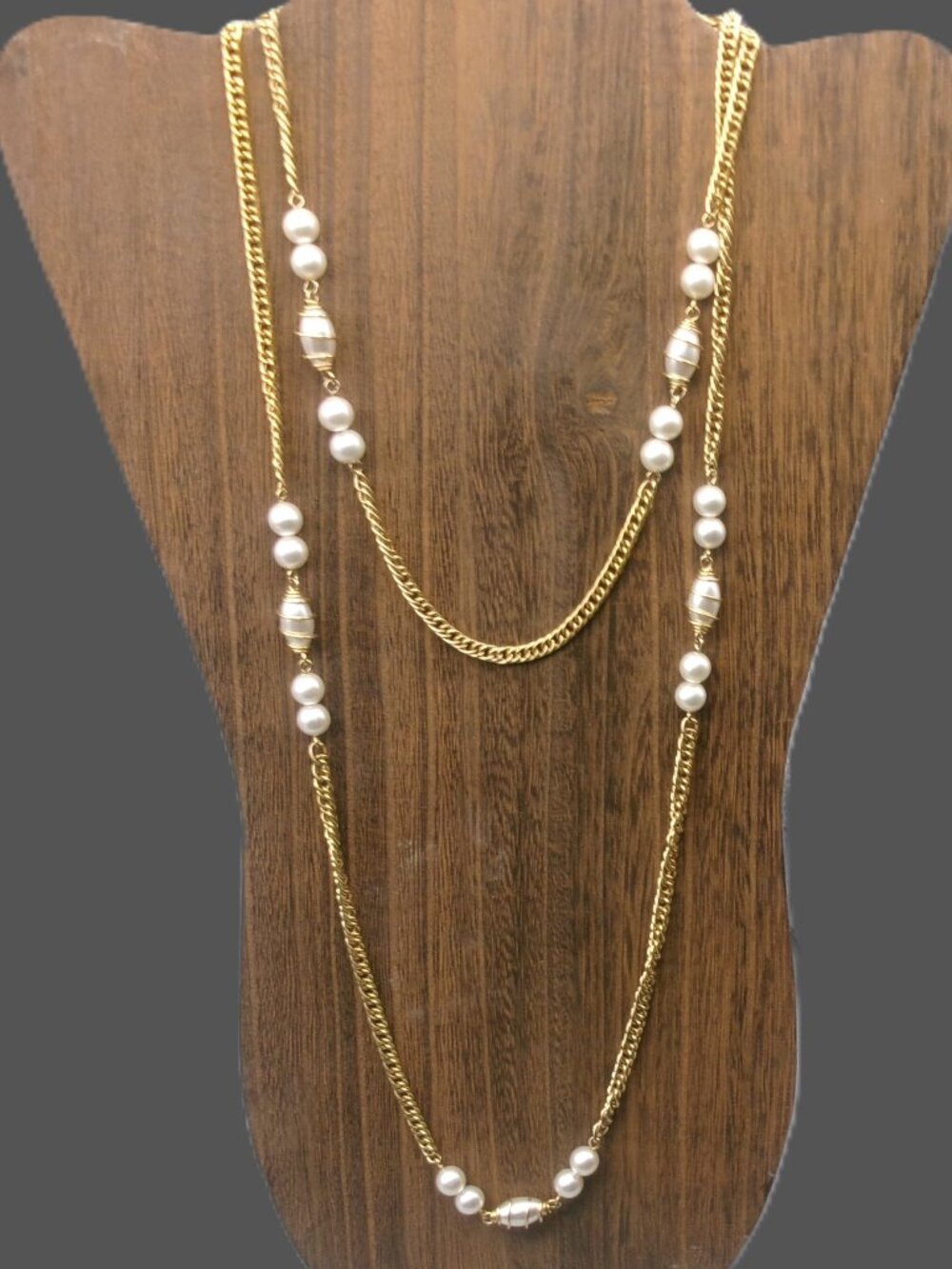 Vintage Sarah Coventry Long Gold Necklace w/Faux Pearls, Original Box